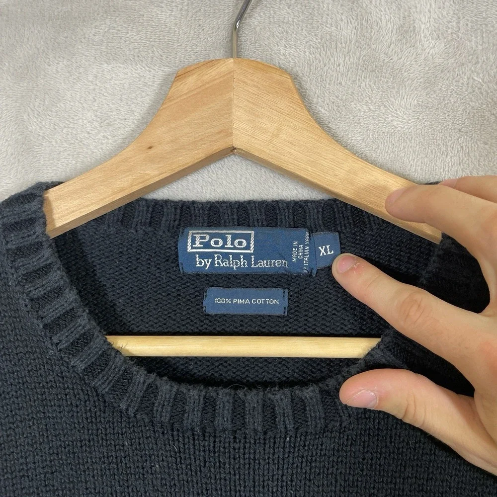 VTG Polo Ralph Lauren Sweater Mens XL Black Cotton Crewneck Knit Pullover Pony